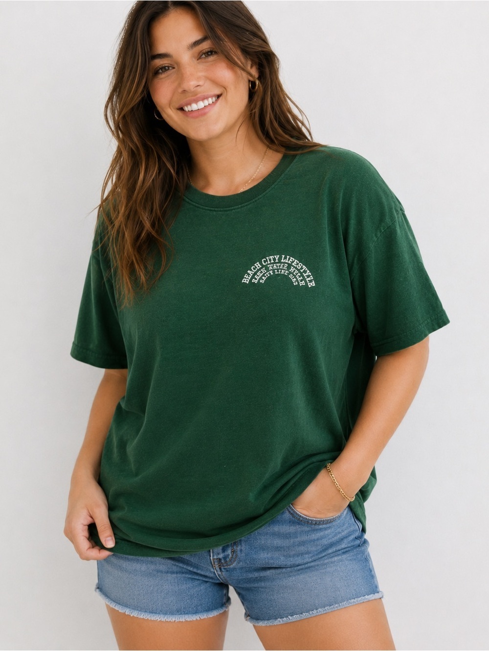 Aerie Green Short Sleeve Happy Right Here Crewneck Graphic Lived In T Shirt Sz L